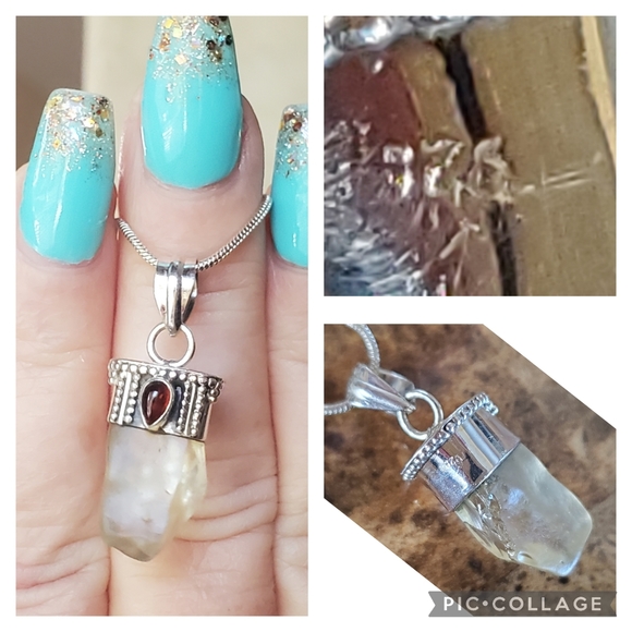 Genuine Libyan Desert Glass (Tektite) & Garnet Pendant - Picture 3 of 6